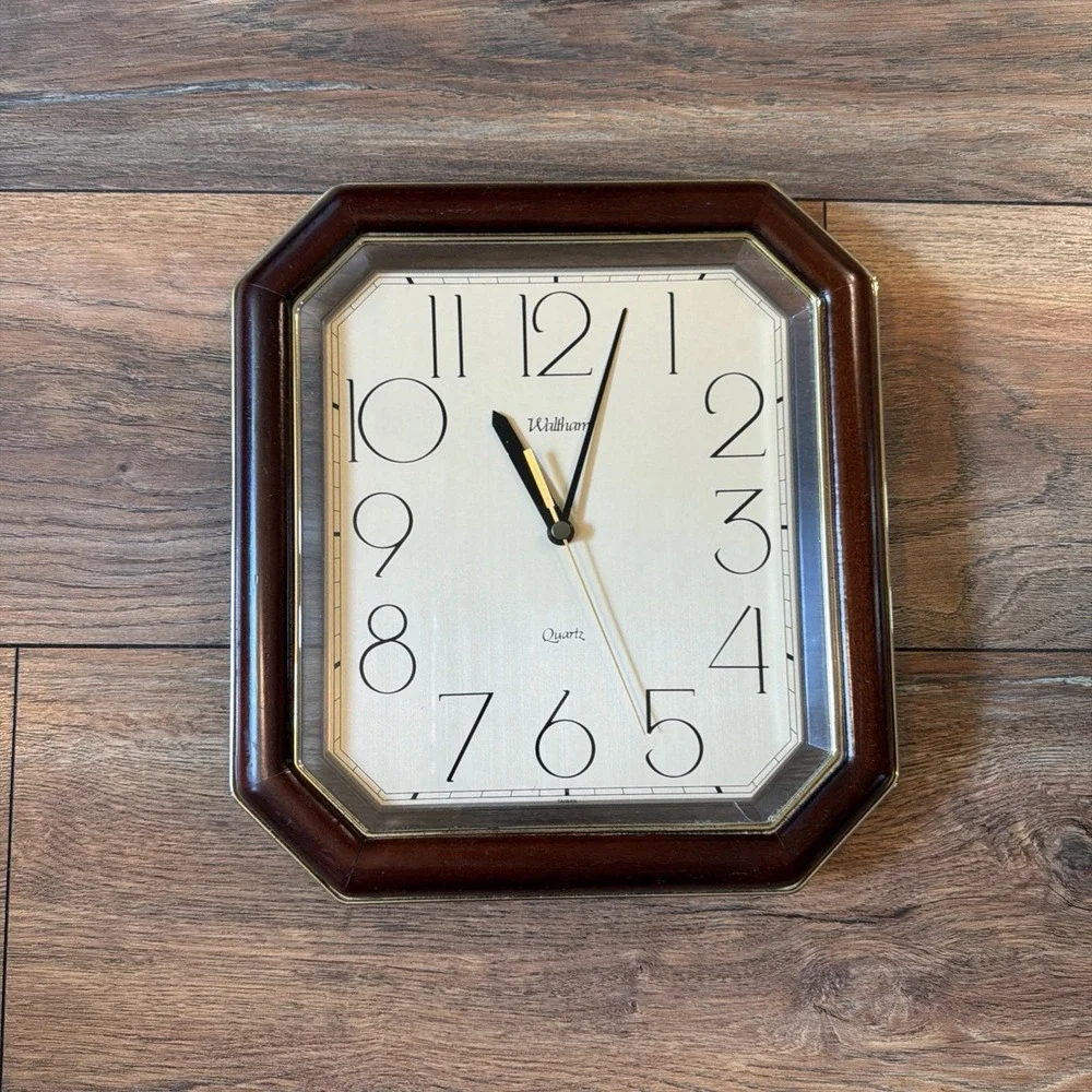 Vintage 80s Waltham Wall Clock Wood w/Gold Trim (Partially Works)